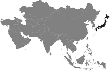 Highlighted black map of JAPAN inside dark grey detailed blank political map of Asia using orthographic projection on transparent background, without Russia