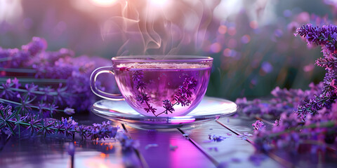 Wooden table setting with lavender flowers and a cup of tea.

 - Powered by Adobe