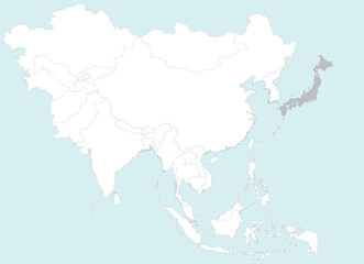 Fototapeta premium Highlighted grey map of JAPAN inside white detailed blank political map of Asia on blue background, without the Middle East and Russia