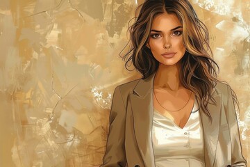 An inviting image of a female consultant in a smart taupe blazer and cream top, set against a backdrop of warm browns. 