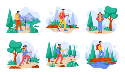 Hiking compositions in flat design