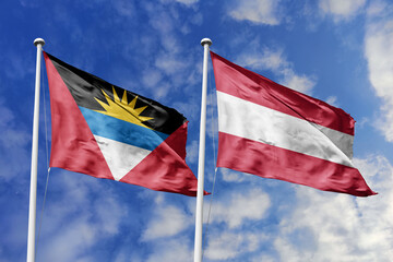  3d illustration. Antigua and Barbuda and Austria  Flag waving in sky. High detailed waving flag....