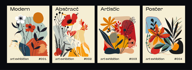 Obraz premium Abstract rustic chic floral posters in a neutral beige color palette. Hand-painted in a modern trendy minimalist style.
