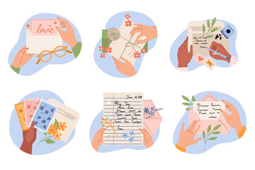 Hand drawn flat mail mini illustration set collection with letters