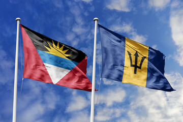  3d illustration. Antigua and Barbuda and Barbados Flag waving in sky. High detailed waving flag. 3D render. Waving in sky. Flags fluttered in the cloudy sky.
