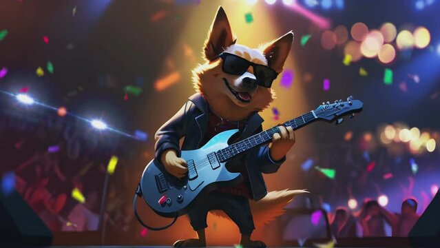 dog playing guitar with band personnel outfit on concert stage, seamless looping time lapse virtual 4k video animation background