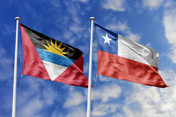  3d illustration. Antigua and Barbuda and Chile Flag waving in sky. High detailed waving flag. 3D...
