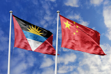  3d illustration. Antigua and Barbuda and China Flag waving in sky. High detailed waving flag. 3D render. Waving in sky. Flags fluttered in the cloudy sky.