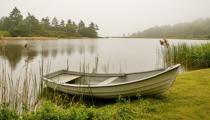 Obraz premium a row boat sitting on top of a lake next to a shore covered in grass and trees on a foggy day in the distance