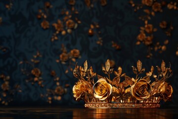 Luxurious Golden Floral Tiara with Roses on Dark Floral Background

