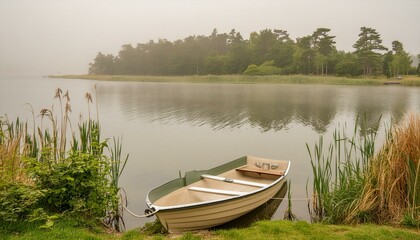 a row boat sitting on top of a lake next to a shore covered in grass and trees on a foggy day in...