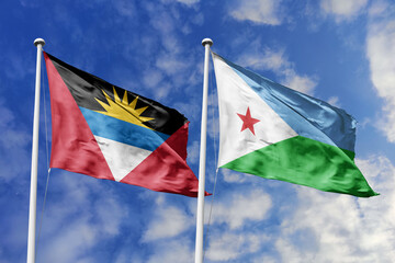  3d illustration. Antigua and Barbuda and Djibouti Flag waving in sky. High detailed waving flag. 3D render. Waving in sky. Flags fluttered in the cloudy sky.