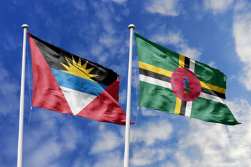  3d illustration. Antigua and Barbuda and Dominica Flag waving in sky. High detailed waving flag. 3D render. Waving in sky. Flags fluttered in the cloudy sky.