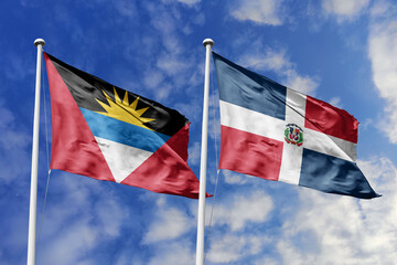  3d illustration. Antigua and Barbuda and Dominican Republic Flag waving in sky. High detailed...