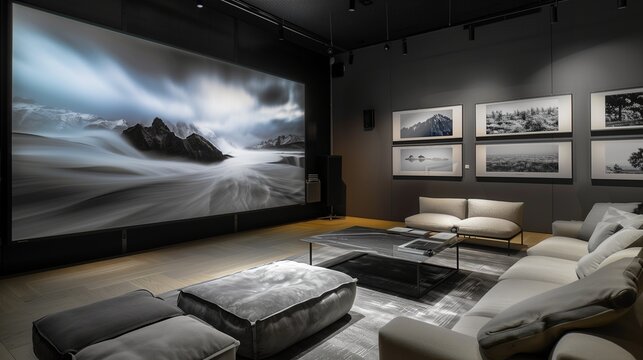 A TV lounge with a large-format screen and a gallery wall of monochrome photography