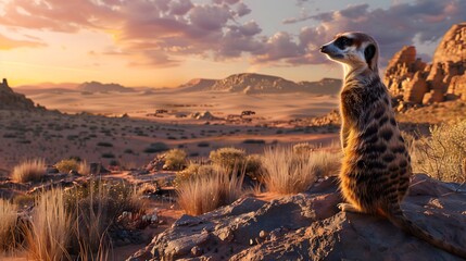  Curious meerkats standing alert amidst a vast desert landscape at sunset. 
