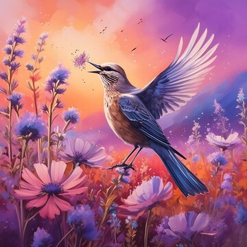 a painting of a bird singing in a field of flowers with a background of purple