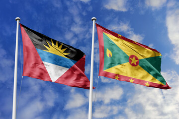  3d illustration. Antigua and Barbuda and Grenada Flag waving in sky. High detailed waving flag. 3D render. Waving in sky. Flags fluttered in the cloudy sky.