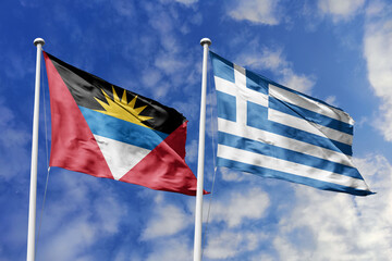  3d illustration. Antigua and Barbuda and Greece Flag waving in sky. High detailed waving flag. 3D...