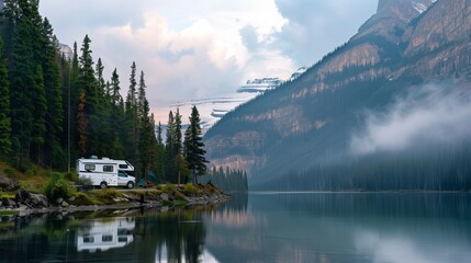 Misty lakeside camping scene with an RV parked by the water surrounded by dense forest and mountains.
