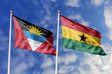  3d illustration. Antigua and Barbuda and Ghana Flag waving in sky. High detailed waving flag. 3D render. Waving in sky. Flags fluttered in the cloudy sky.