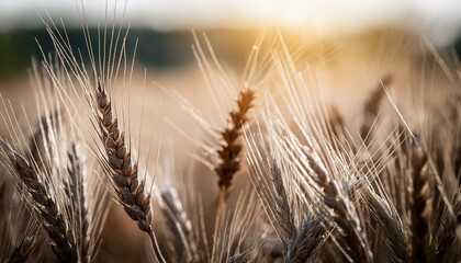 a close up of a wheat field with the sun shining in the background and a blurry image of wheat stalks in the foreground.