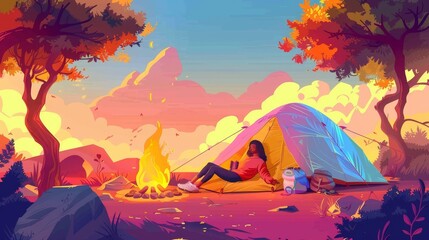 In nature landscape with trees and rocks, hiking or travel scene, woman relaxing in camping tent with fire and tourist stuff. Cartoon modern illustration of traveler relaxing in halt with drying