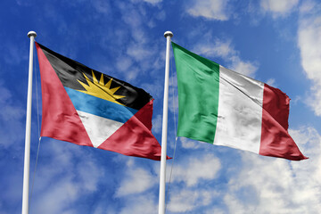  3d illustration. Antigua and Barbuda and Italy Flag waving in sky. High detailed waving flag. 3D...