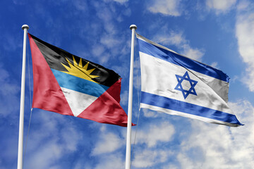  3d illustration. Antigua and Barbuda and Israel Flag waving in sky. High detailed waving flag. 3D render. Waving in sky. Flags fluttered in the cloudy sky.