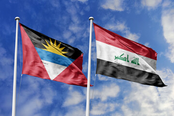  3d illustration. Antigua and Barbuda and Iraq Flag waving in sky. High detailed waving flag. 3D render. Waving in sky. Flags fluttered in the cloudy sky.
