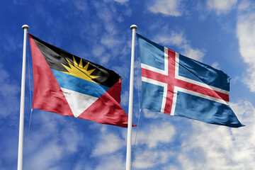  3d illustration. Antigua and Barbuda and Iceland  Flag waving in sky. High detailed waving flag....