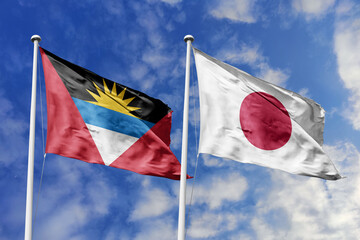 3d illustration. Antigua and Barbuda and Japan Flag waving in sky. High detailed waving flag. 3D...
