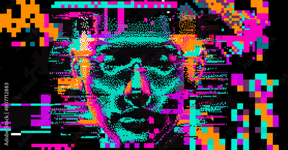 Poster Distorted and distorted face silhouette on dark background. The concept of machine learning, neural networks and artificial intelligence.