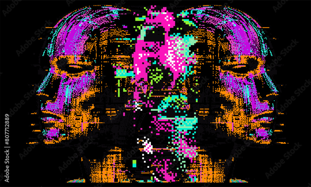 Leinwandbilder Distorted and distorted face silhouette on dark background. The concept of machine learning, neural networks and artificial intelligence.