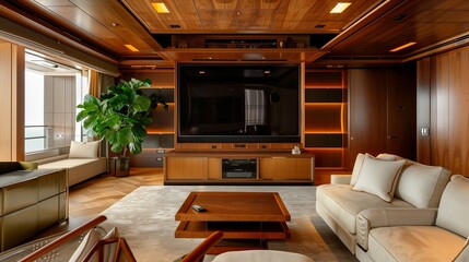 A TV lounge with a retractable TV screen that descends from a custom-built wooden ceiling