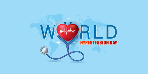 World Hypertension Day. Heart with life line and medical stethoscope, awareness background. Vector illustration