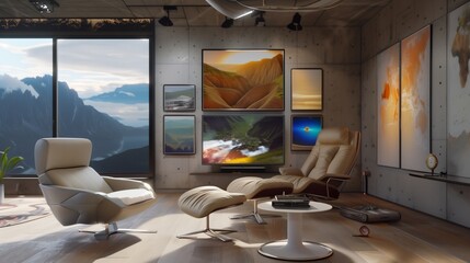 Naklejka premium A TV lounge with a rotating art gallery wall, a designer recliner, and a smart end table