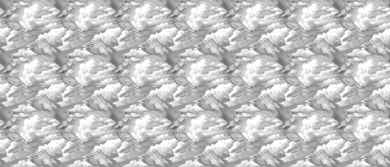 구름과 독수리 반복 직물 일러스트레이션 심리스 패턴