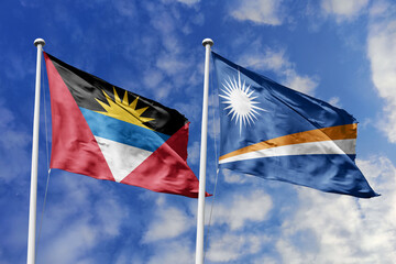 3d illustration. Antigua and Barbuda and Marshall Islands Flag waving in sky. High detailed waving flag. 3D render. Waving in sky. Flags fluttered in the cloudy sky.