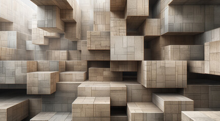A three-dimensional composition of wooden blocks