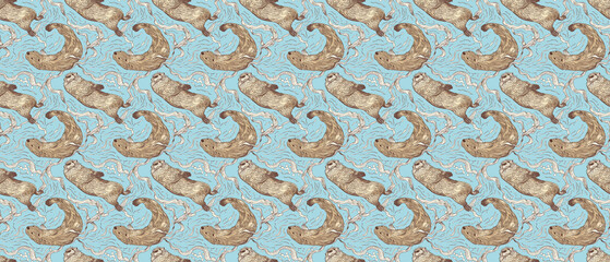 물위에서 노는 수달 도안 심리스 패턴