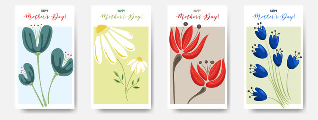 A bright greeting card for Mother's Day with spring flowers and heartfelt wishes in the style of a modern minimalist illustration. A set of postcards with flowers. Mother's Day!