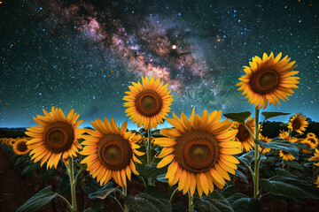 The Milky Way galaxy looming over a field of sunflowers, with the flowers facing up towards the night sky