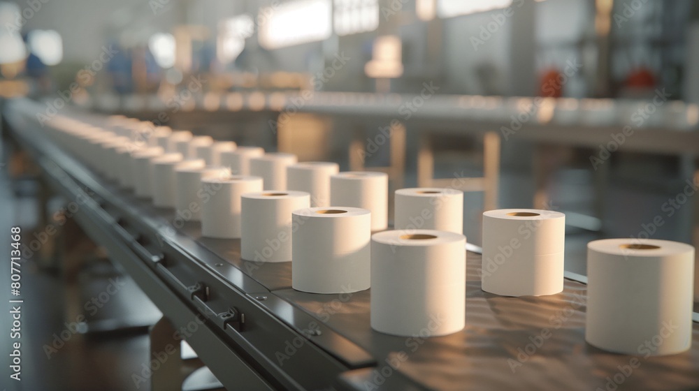 Sticker Rows of white paper rolls on a conveyor belt in a bright industrial factory setting.