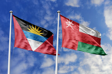 3d illustration. Antigua and Barbuda and Oman Flag waving in sky. High detailed waving flag. 3D...