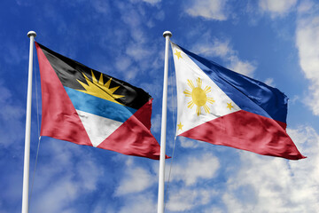 3d illustration. Antigua and Barbuda and Philippines Flag waving in sky. High detailed waving flag. 3D render. Waving in sky. Flags fluttered in the cloudy sky.