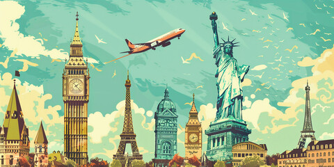 Vintage Travel: Develop a background inspired by vintage travel posters, featuring iconic landmarks, retro typography, and nostalgic imagery.