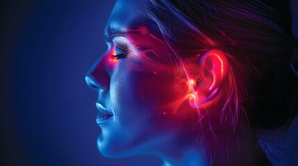 Woman suffering from ear pain, x-ray view 