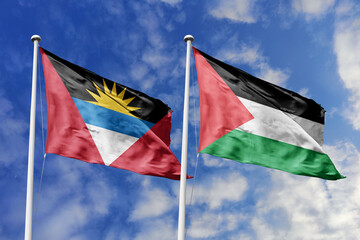 3d illustration. Antigua and Barbuda and Palestine Flag waving in sky. High detailed waving flag....