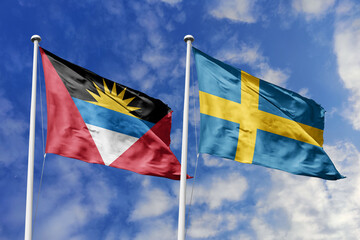 3d illustration. Antigua and Barbuda and Sweden Flag waving in sky. High detailed waving flag. 3D...